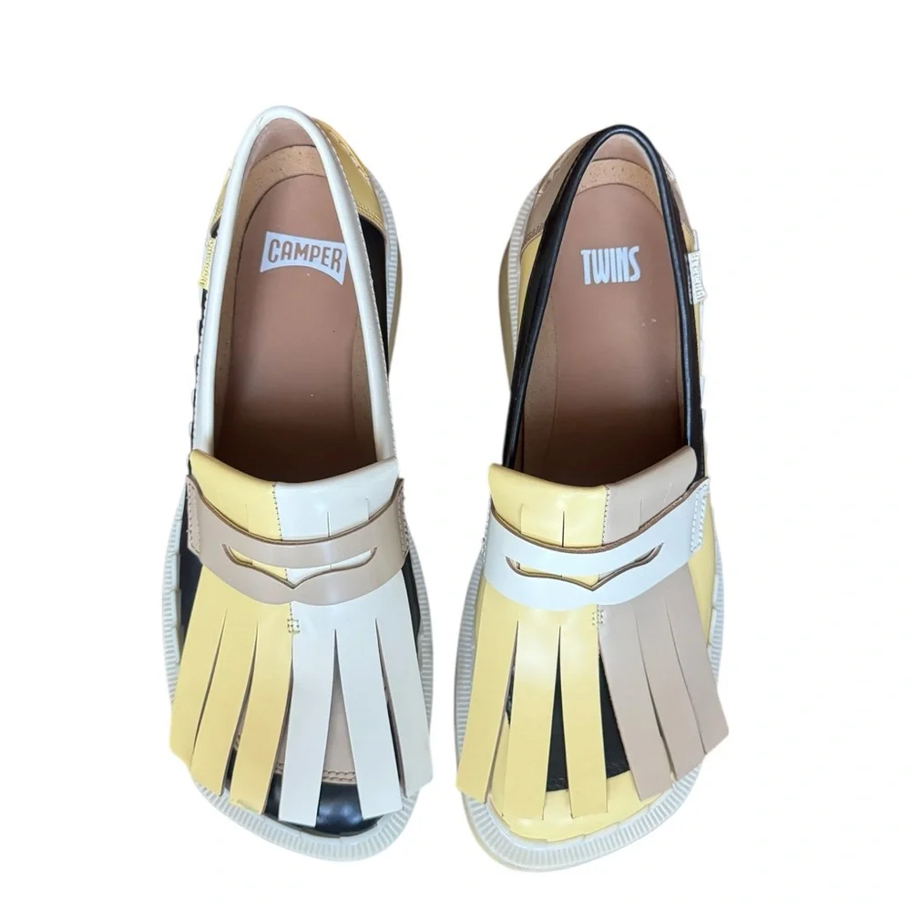 Camper Two-Tone Yellow, Black & Cream Kiltie Loafers - Picture 6 of 15